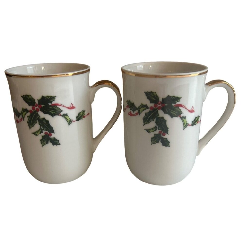 Vintage Lefton China Holly Berry Christmas Mugs Set Of 2 With Gold Trim